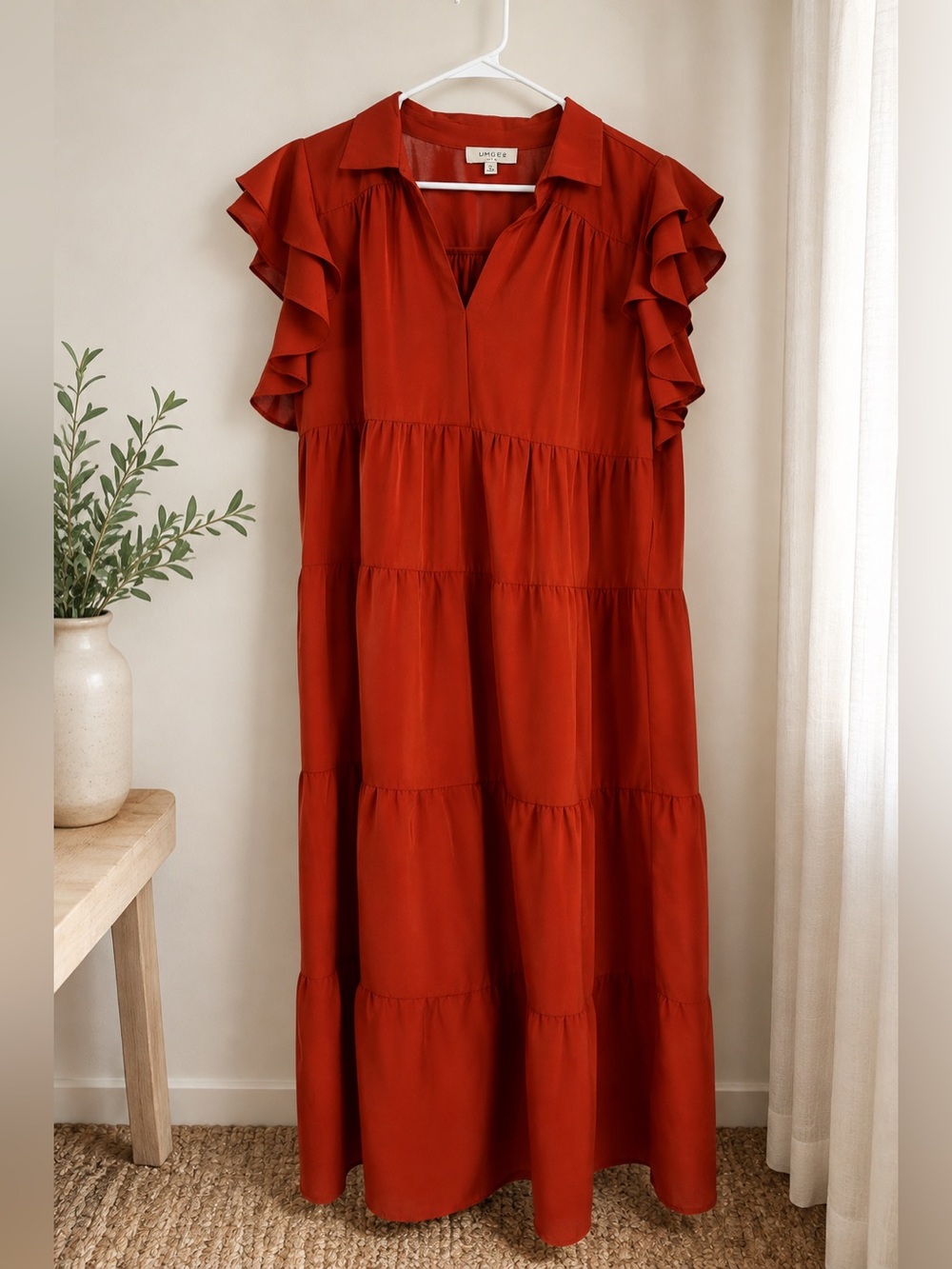 Umgee Burnt Orange Tiered Maxi Dress with Ruffle Cap Sleeves
